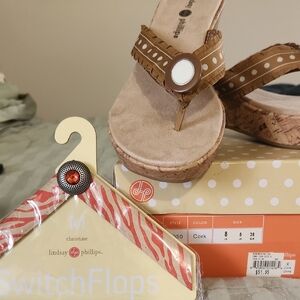 Lindsay Phillips Switch Flops. Tan Cork Wedge Sandals with Switchable Straps